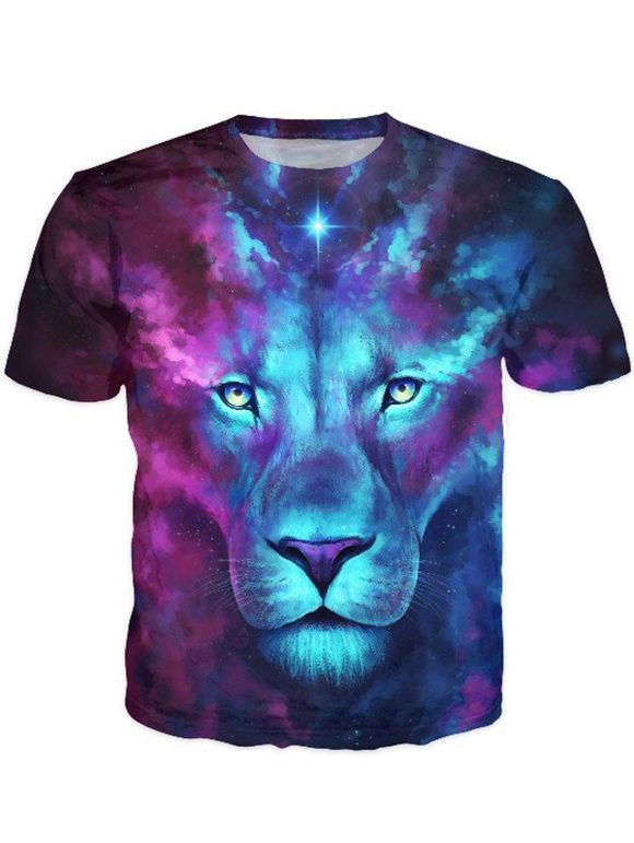 T-shirt 3D Color Block Lion Imprimer col rond manches courtes hommes élégants  's - multicolore 2XL