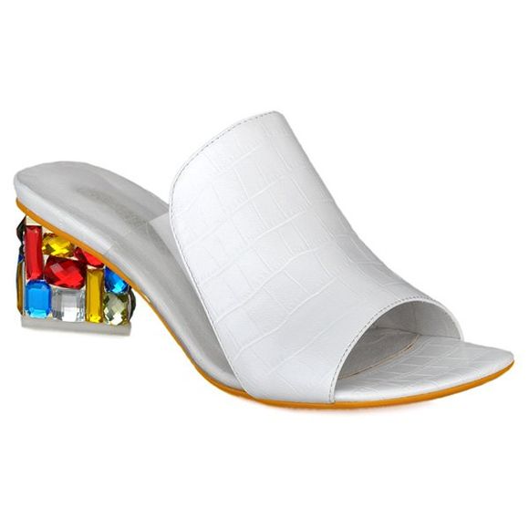 Stylish Colorful Rhinestone and Chunky Heel Design Women's Slippers - Blanc 39