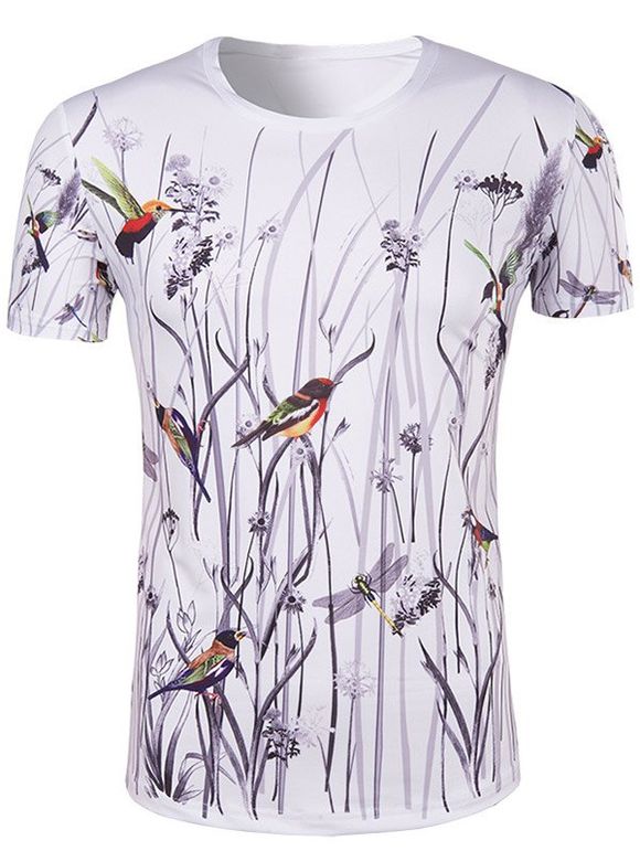 Hommes Vente Chaude 3d Oiseau Et Fleur Imprimé Col Rond Manches Courtes T-Shirt - multicolore 2XL