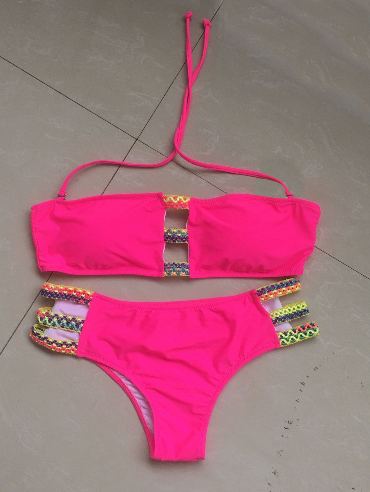 

Alluring Bandage Design Halter Women's Bikini Set, Pink