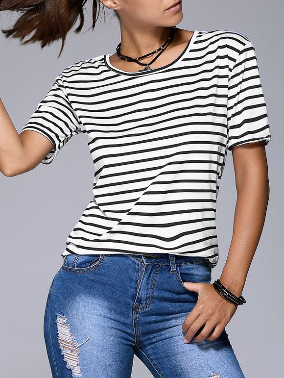 Women's Graceful Striped Short Sleeve T-Shirt - Blanc et Noir XL