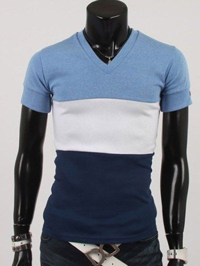 Modish V-Neck Hit T-shirt de couleur Spliciing manches courtes hommes - Bleu 2XL