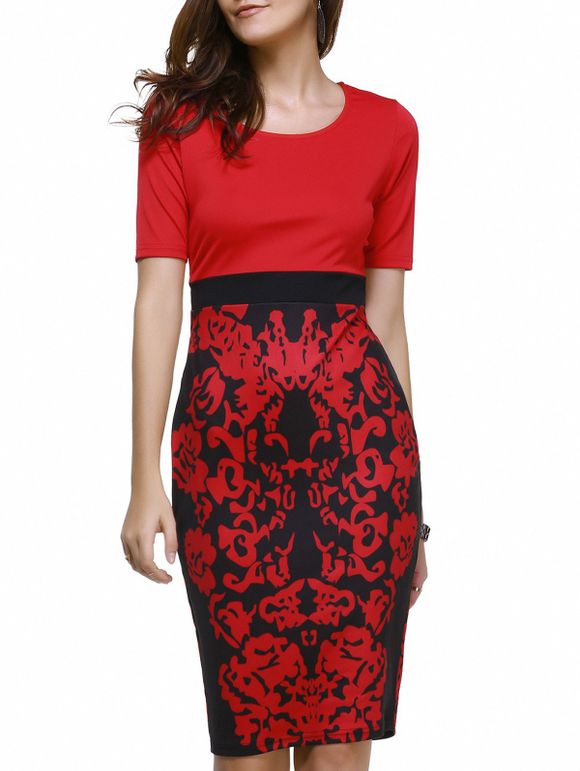 Les femmes à la mode d  'encolure dégagée imprimé floral Robe moulante - Rouge 2XL