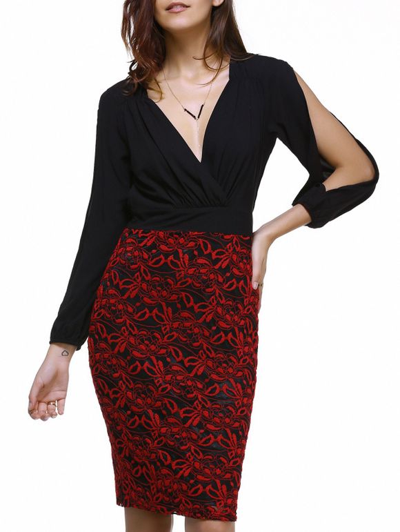 Fashionable Lace Splicing Plunging Neck Split Sleeve Dress For Women - Noir S