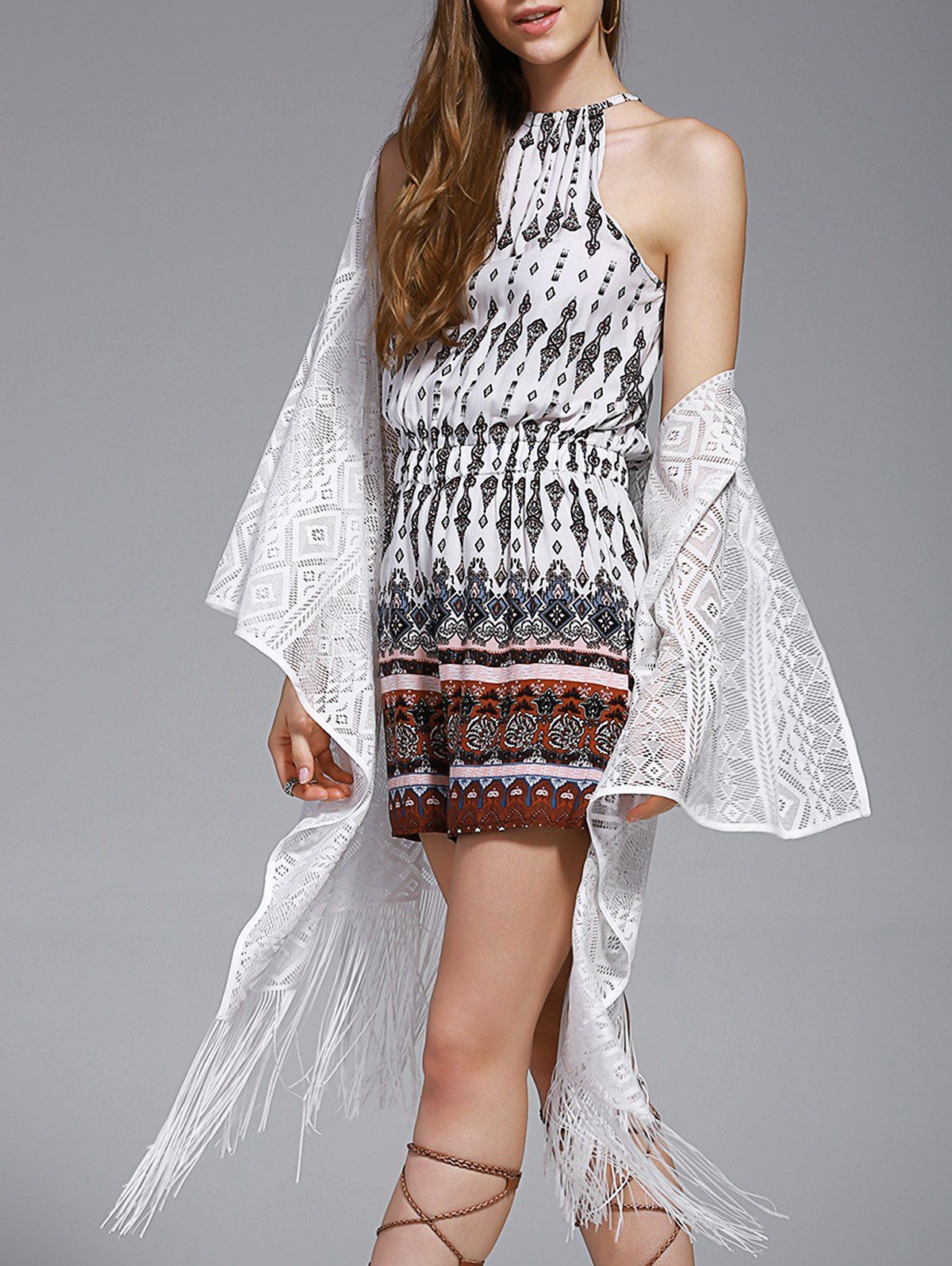 

Trendy Lace Fringed Spliced Cover-Up For Women, White