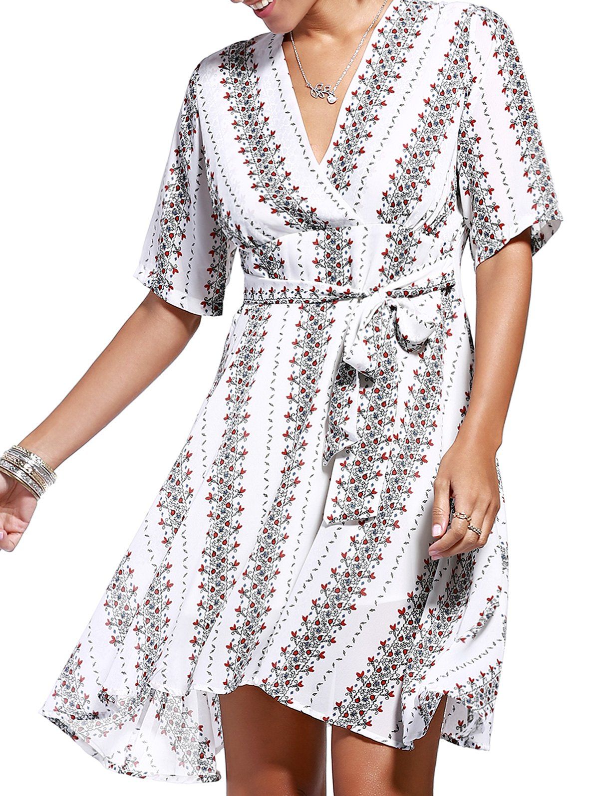 

Trendy V Neck Tiny Floral Print Asymmetric Dress For Women, White