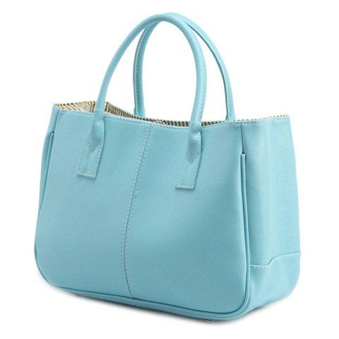 

Simple Candy Color and PU Leather Design Women's Tote Bag, Light blue