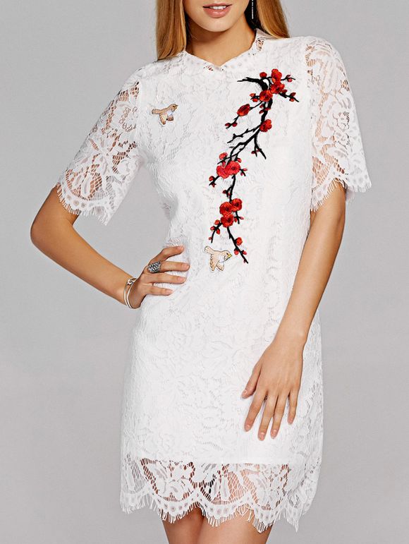 Graceful Plum Blossom brodé dentelle festonnée Robe minceur pour les femmes - Blanc XL