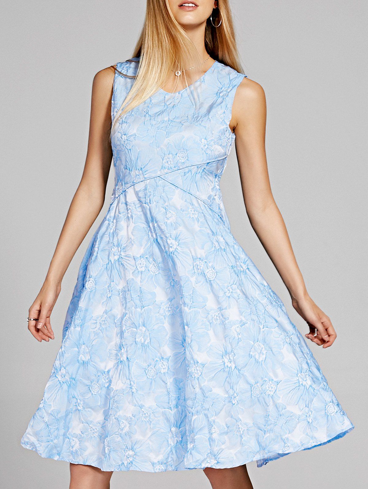 Chic V-Neck Sleeveless Floral Print Skater Dress For Women - LIGHT BLUE L