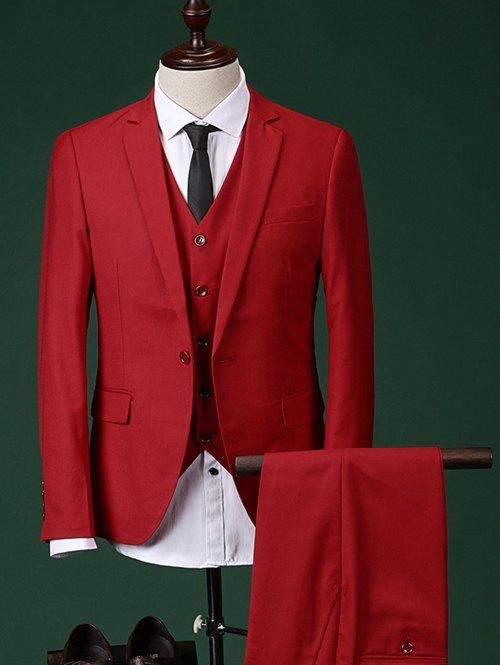 Minceur unique poitrine revers manches longues hommes d  'Three-Piece Suit (Blazer + Gilet + Pantalon) - Rouge L