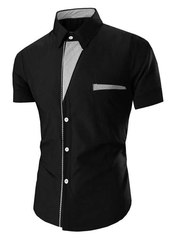 

Men's Turn Down Collar Stripes Printed Short Sleeve Shirt, Black