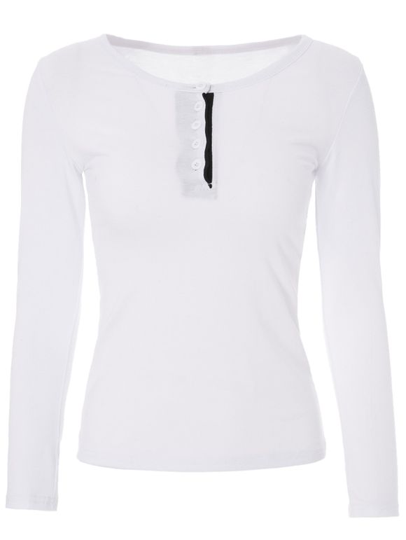 Stylish Jewel Neck Color Block T-shirt à manches longues pour femmes - Blanc S