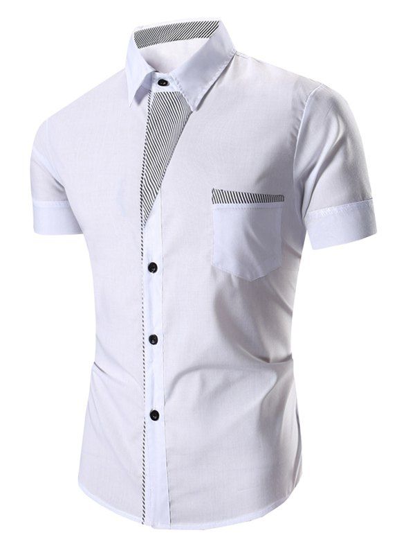 

Men's Turn Down Collar Stripes Printed Short Sleeve Shirt, White