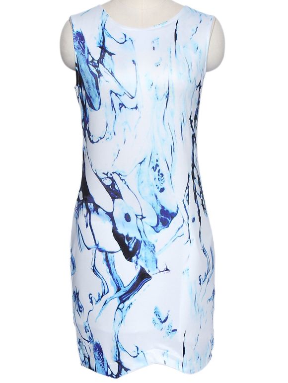 Trendy Sleeveless Round Neck Skinny Slimming Printed Women's Dress - Blanc L