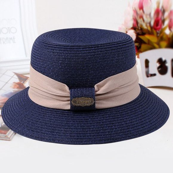Chic Wide Cloth Band Embellished Sun-Resistant Women's Straw Hat - Cadetblue 