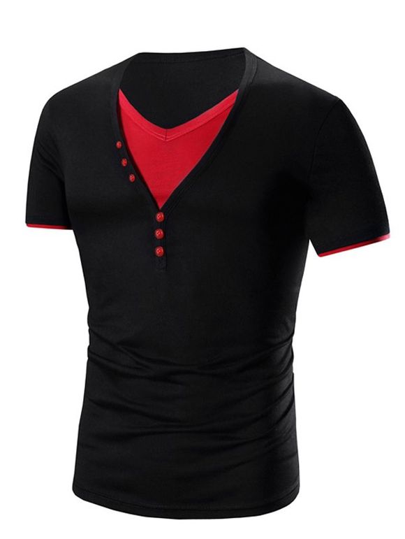 T-Shirt en Faux Twinset avec Col en V et à Manches Courtes pour Hommes - Noir et Rose Rouge 2XL