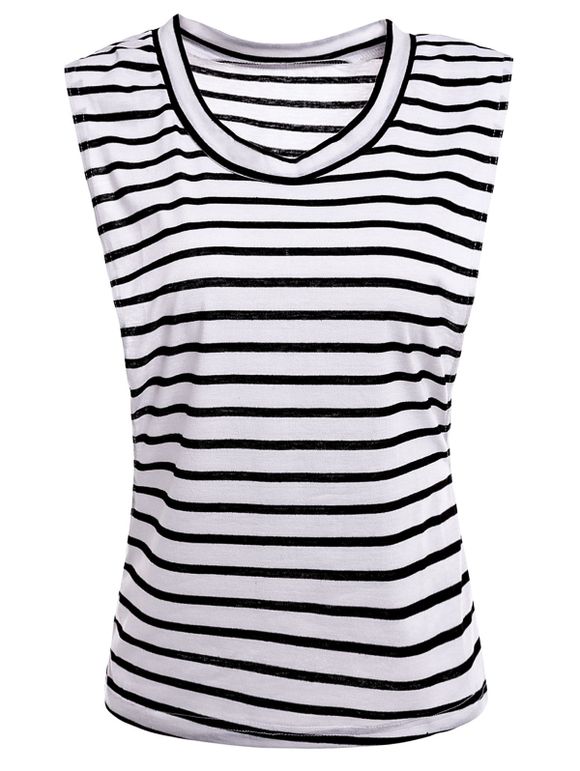 Sexy Sleeveless Scoop Collar Striped Women's T-Shirt - WHITE M