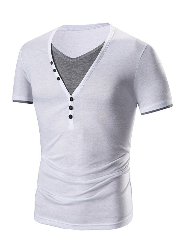 

Men's V Neck Faux Twinset Short Sleeve T-Shirt, White