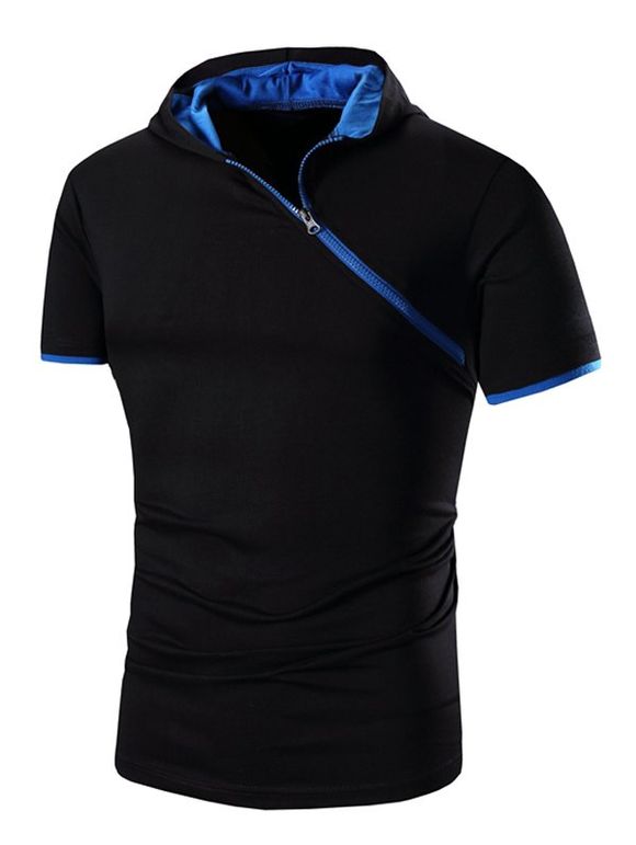 T-Shirt Manches Courtes à Capuche Design Fermeture Éclair pour Hommes - Bleu 2XL