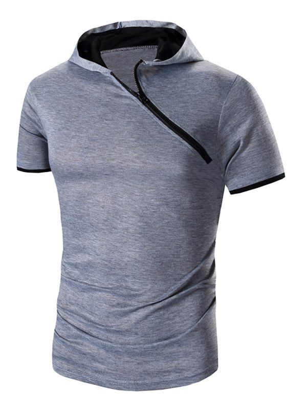

Men's Zipper Design Hooded Short Sleeve T-Shirt, Gray