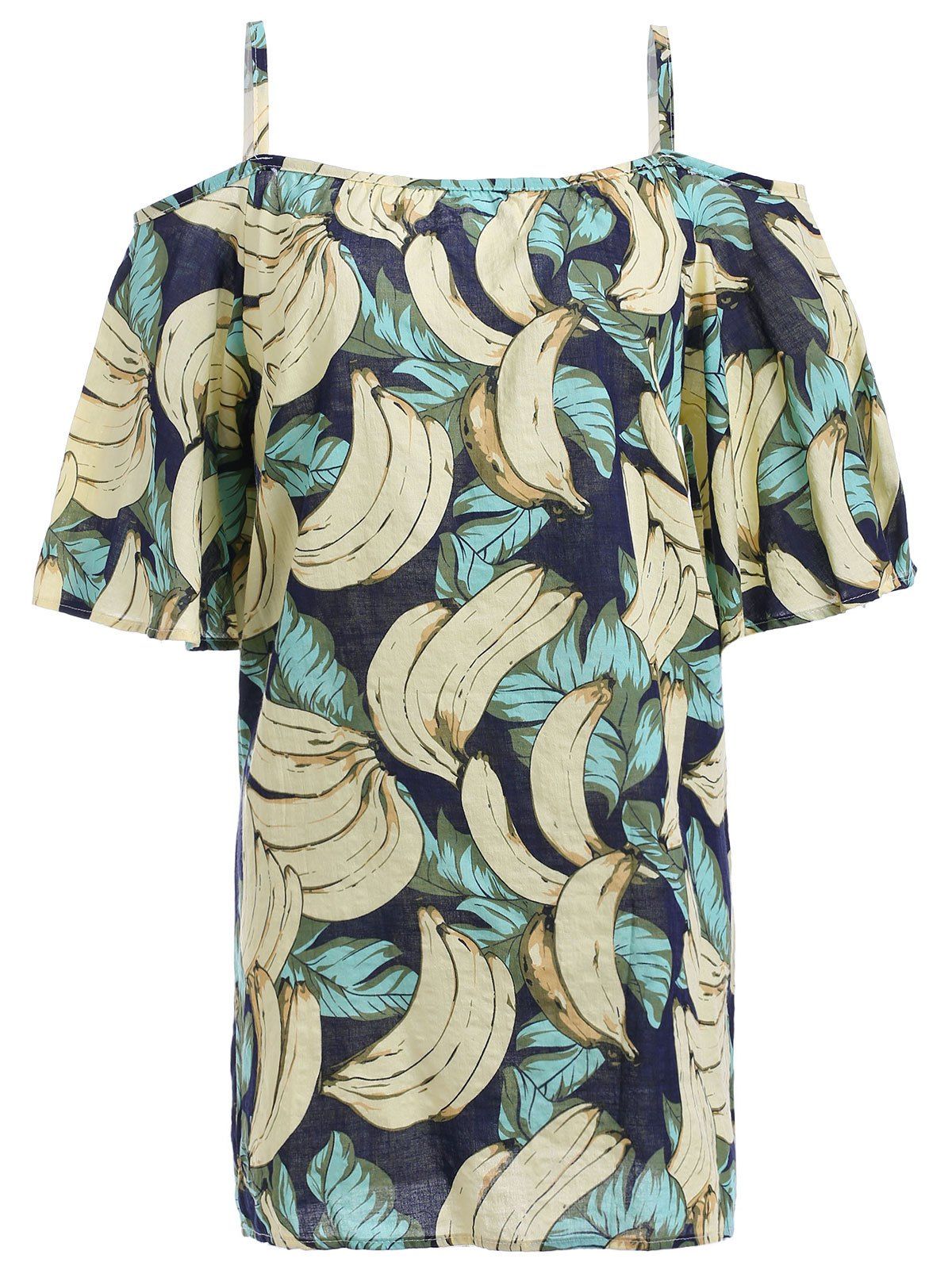 

Cold Shoulder Chic Bananas Print Women's Dress, Deep blue