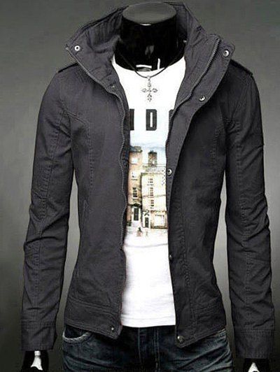 Slimming Solid Color Stand Collar Long Sleeve Men's Jacket - gris foncé L