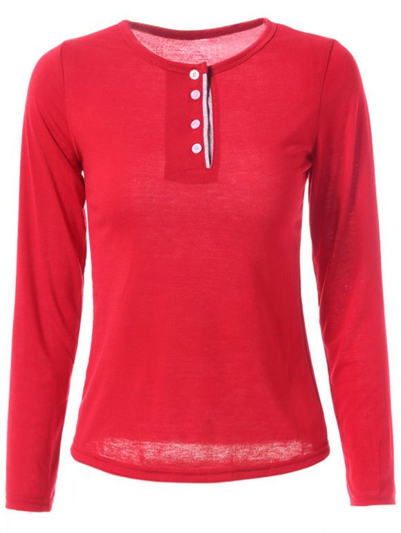 Stylish Jewel Neck Color Block T-shirt à manches longues pour femmes - Rouge vineux 2XL
