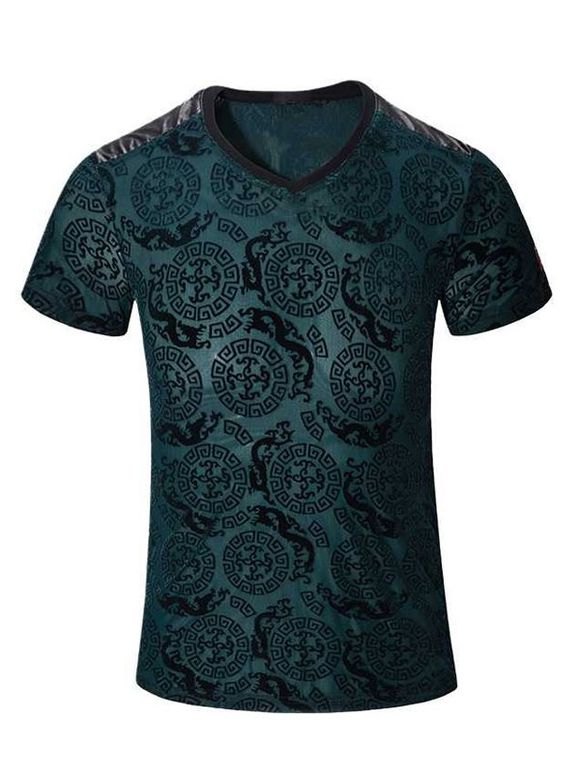 T-shirt en cuir PU Spliced ​​géométrique dragon Motif manches courtes à encolure en V Hommes - multicolore XL