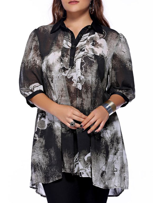 Chic Plus Size Shirt col boutonné imprimé femmes s 'Blouse - Noir 4XL