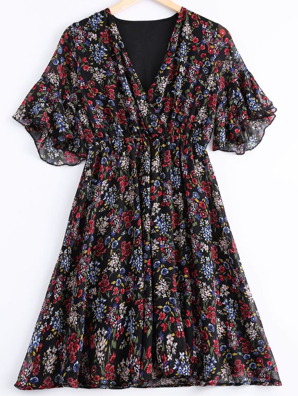 Mode Floral Prints col en V-robe manches courtes à volants pour les femmes - Noir ONE SIZE(FIT SIZE XS TO M)