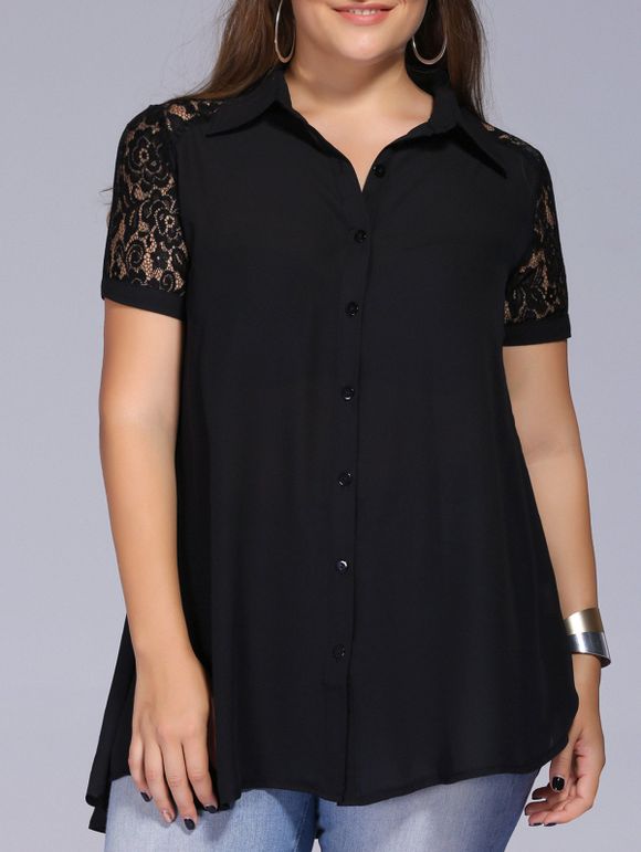 Plus Size Lace Splicing boutonné Shirt - Noir 5XL