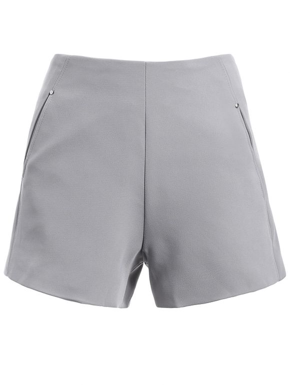 Simple Women's Solid Color High Waist Pockets Shorts - LIGHT GRAY M