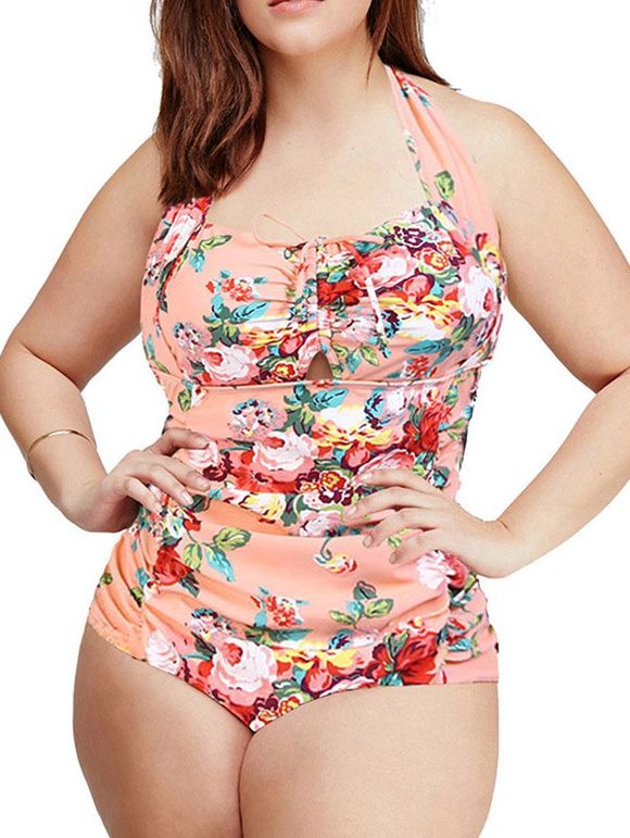 Les femmes à la mode d  'Plus Size sweetheart Neck Floral One-Piece Swimsuit - Rose 5XL
