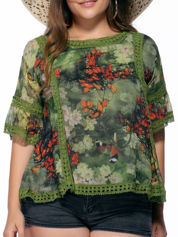 Chic Plus Size Floral Print Flare Sleeve Women's Blouse - Vert 5XL