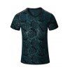 T-shirt en cuir PU Spliced ​​géométrique dragon Motif manches courtes à encolure en V Hommes - multicolore XL