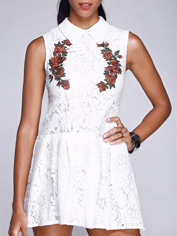Peter Pan Collar Floral Embroidered Pleated Ladylike Women's Lace Dress - WHITE S
