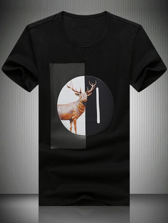 Col rond Elk T-shirt imprimé Men 's  manches courtes - Noir 3XL