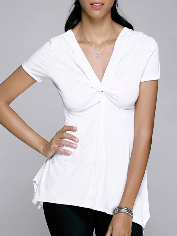 Plunge Simple Neck Twist avant Irregular Hem T-shirt pour les femmes - Blanc XL