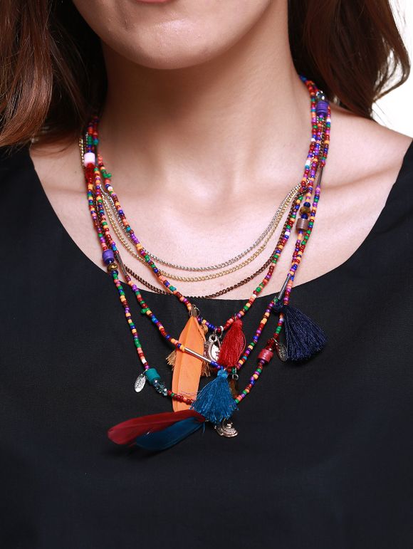 Ethnique Multilayer Faux Feather Tassel collier de perles pour les femmes - multicolore 