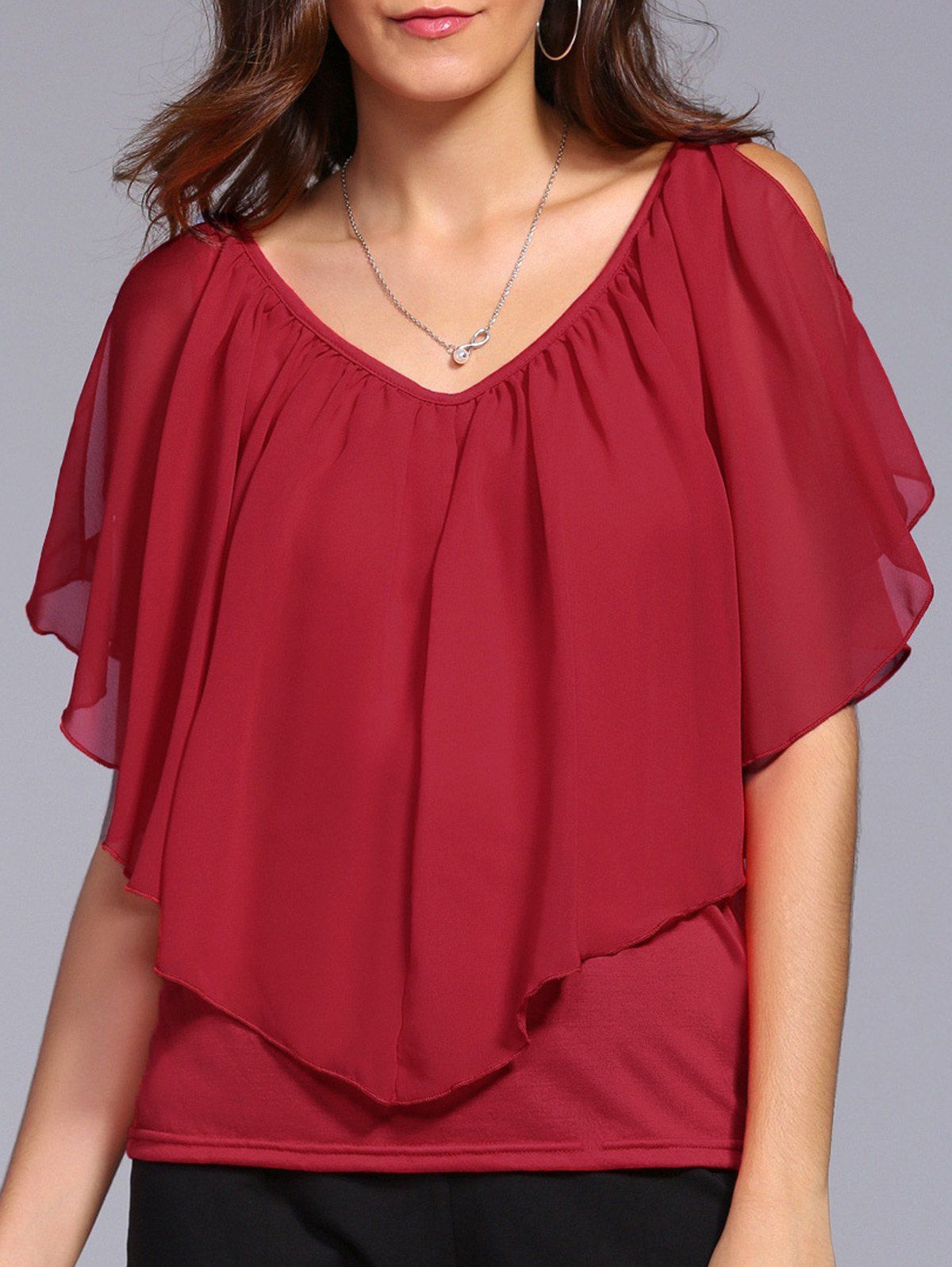 41 Off 2021 V Neck Cold Shoulder Overlay Chiffon Blouse In Red Dresslily 7084