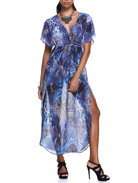 Robe en mousseline de soie Plongeant Neck Robes souple à manches courtes de femmes élégantes - Bleu L