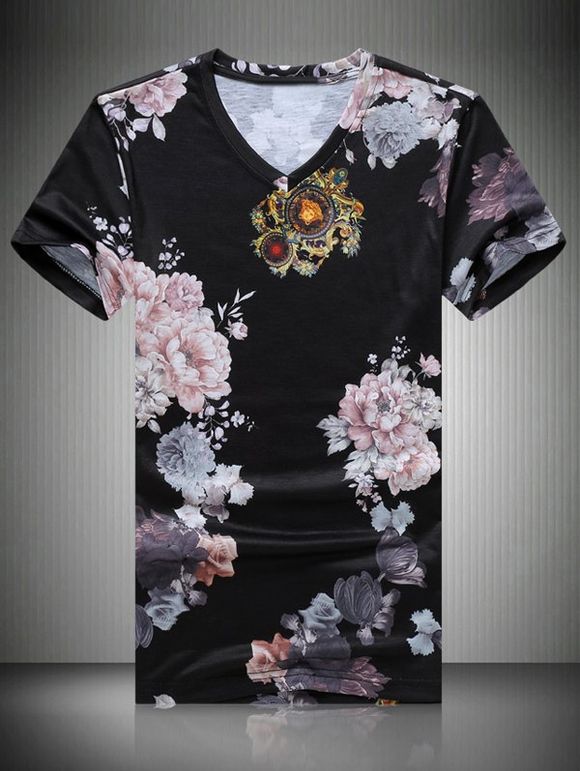 T-Shirt Casual Fleurs Impression Men 's - Noir XL