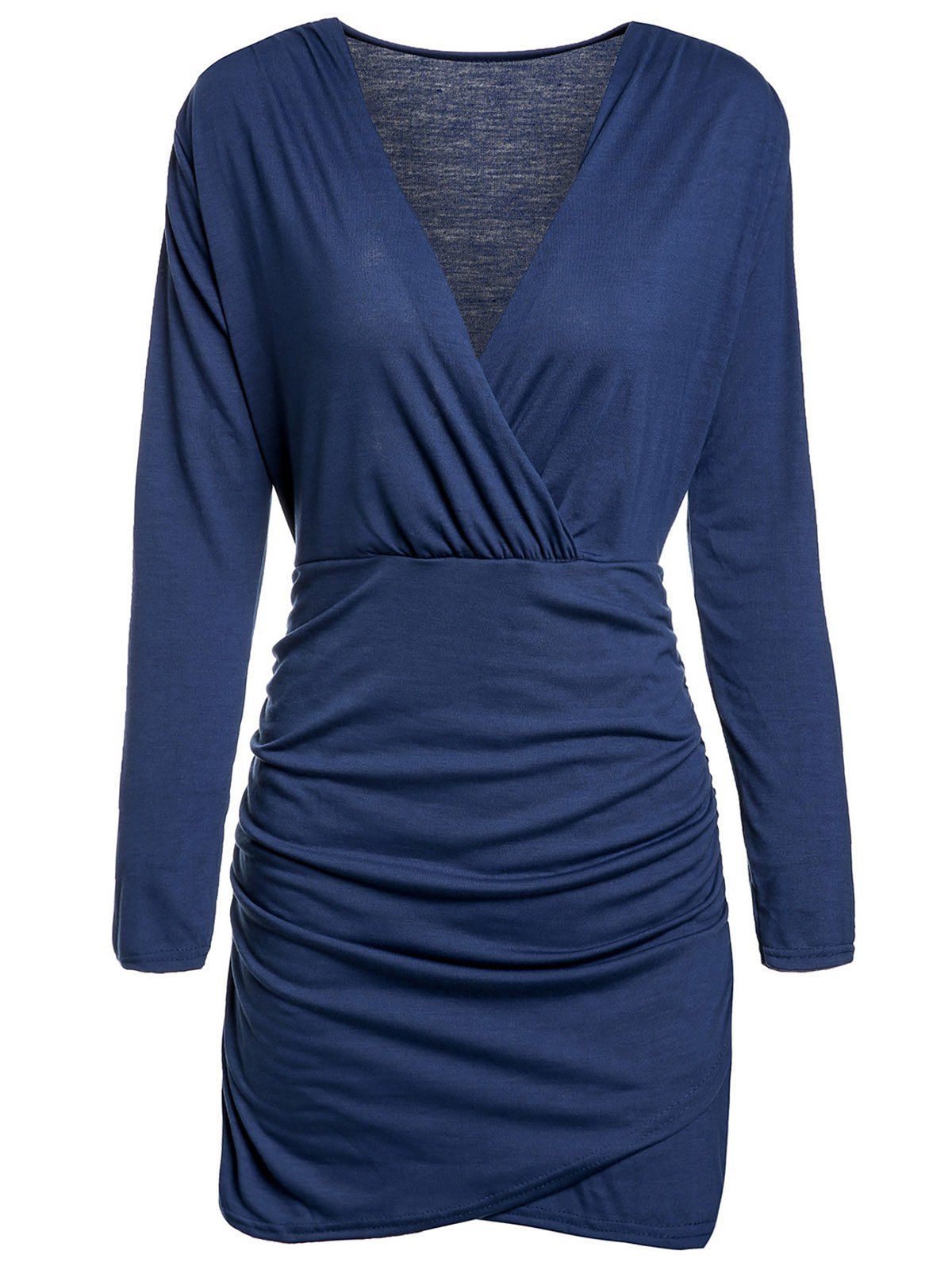 

Alluring Plunging Neck Long Sleeve Ruffled Solid Color Women's Dress, Blue