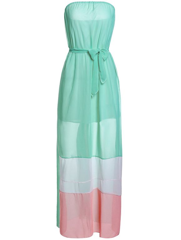 Fashionable Sleeveless Strapless Striped Color Block Chiffon Women's Maxi Dress - GREEN XL
