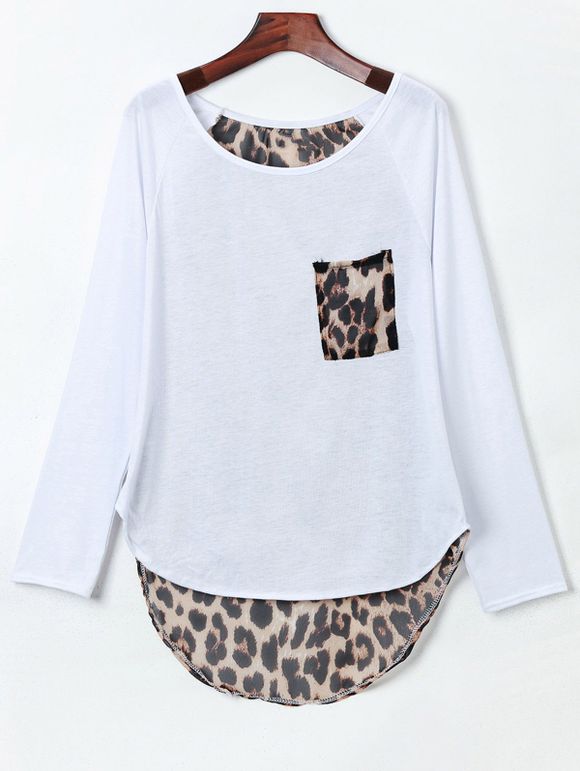 T-shirt élégant Jewel Long Neck Slit Leopard Spliced ​​femmes - Blanc L