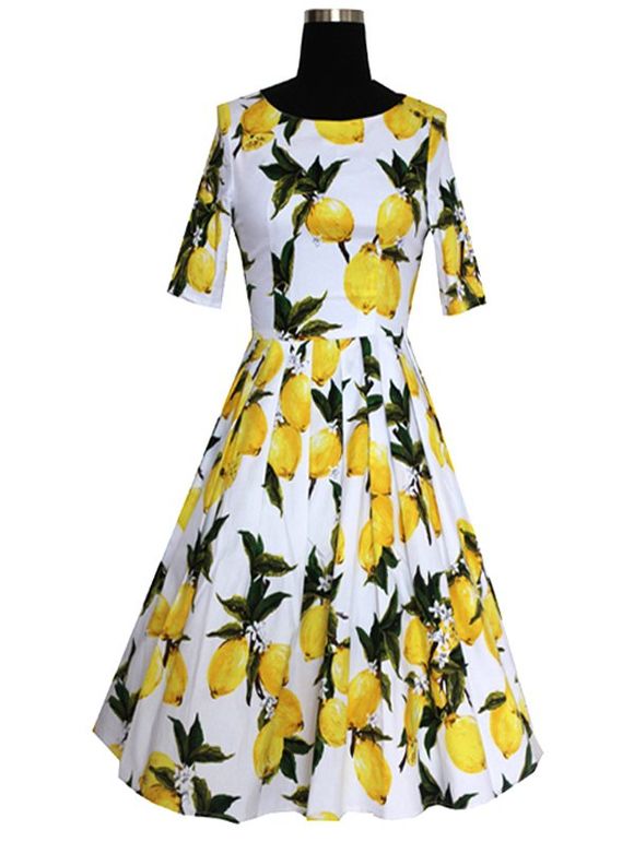 Women's Graceful Jewel Neck Lemon Pattern Pleated Dress - Blanc 2XL