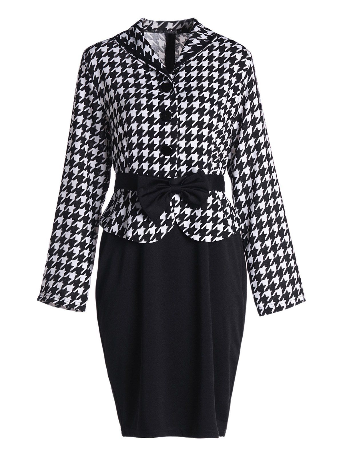 

Stylish Turn-Down Collar Long Sleeve Bowknot Embellished Houndstooth Women's Dress, Black