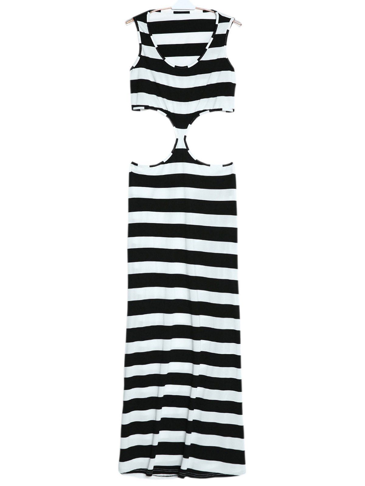 

Sleeveless Scoop Neck Striped Cut Out Dress, White and black