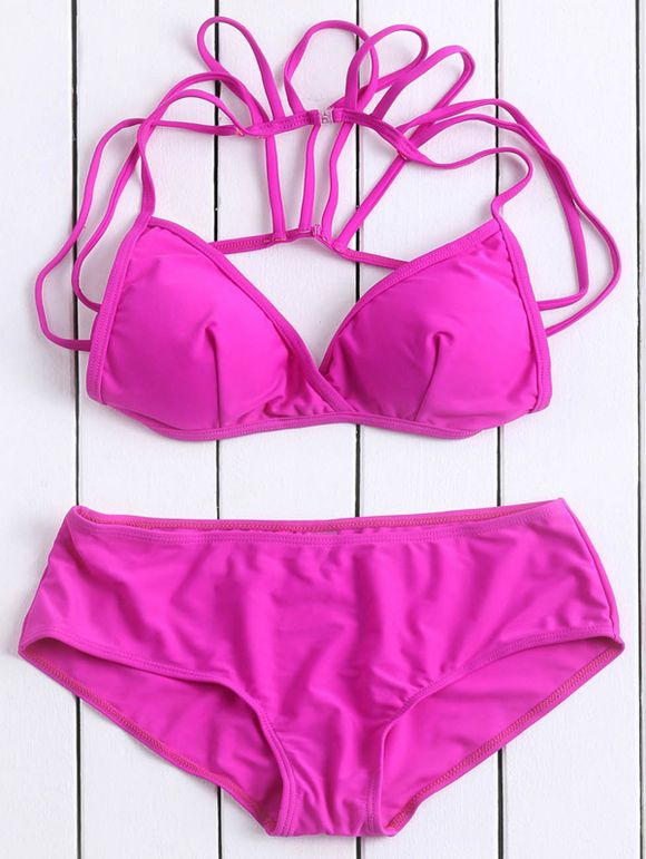 Le Encolure Sexy Women Plongeant Solid Color Bikini - Prune L