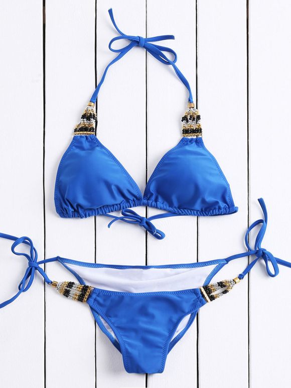Bikini Sexy Halter perles Spliced ​​femmes - Bleu S